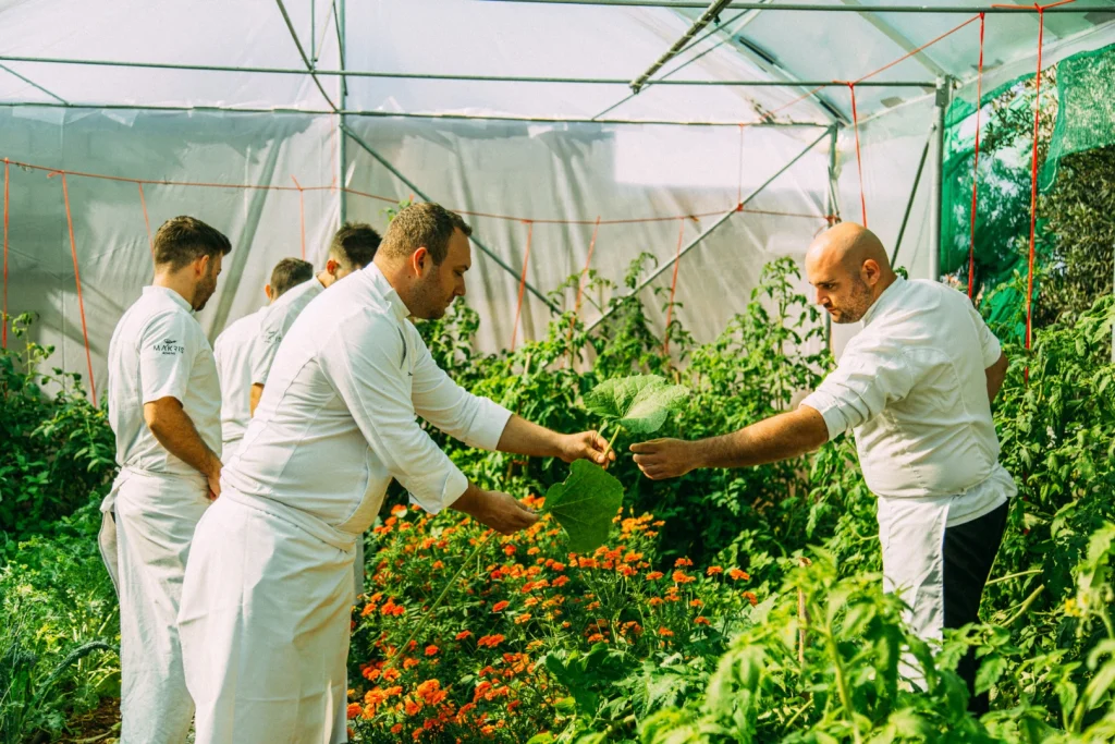 Chef Petros Dimas with his team, sourcing directly from their organic garden. - The Bouquet From the Farm
